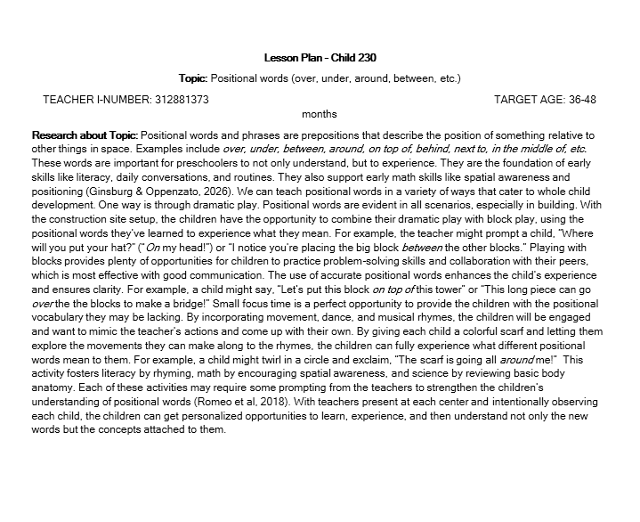 Lesson Plan - CHILD230